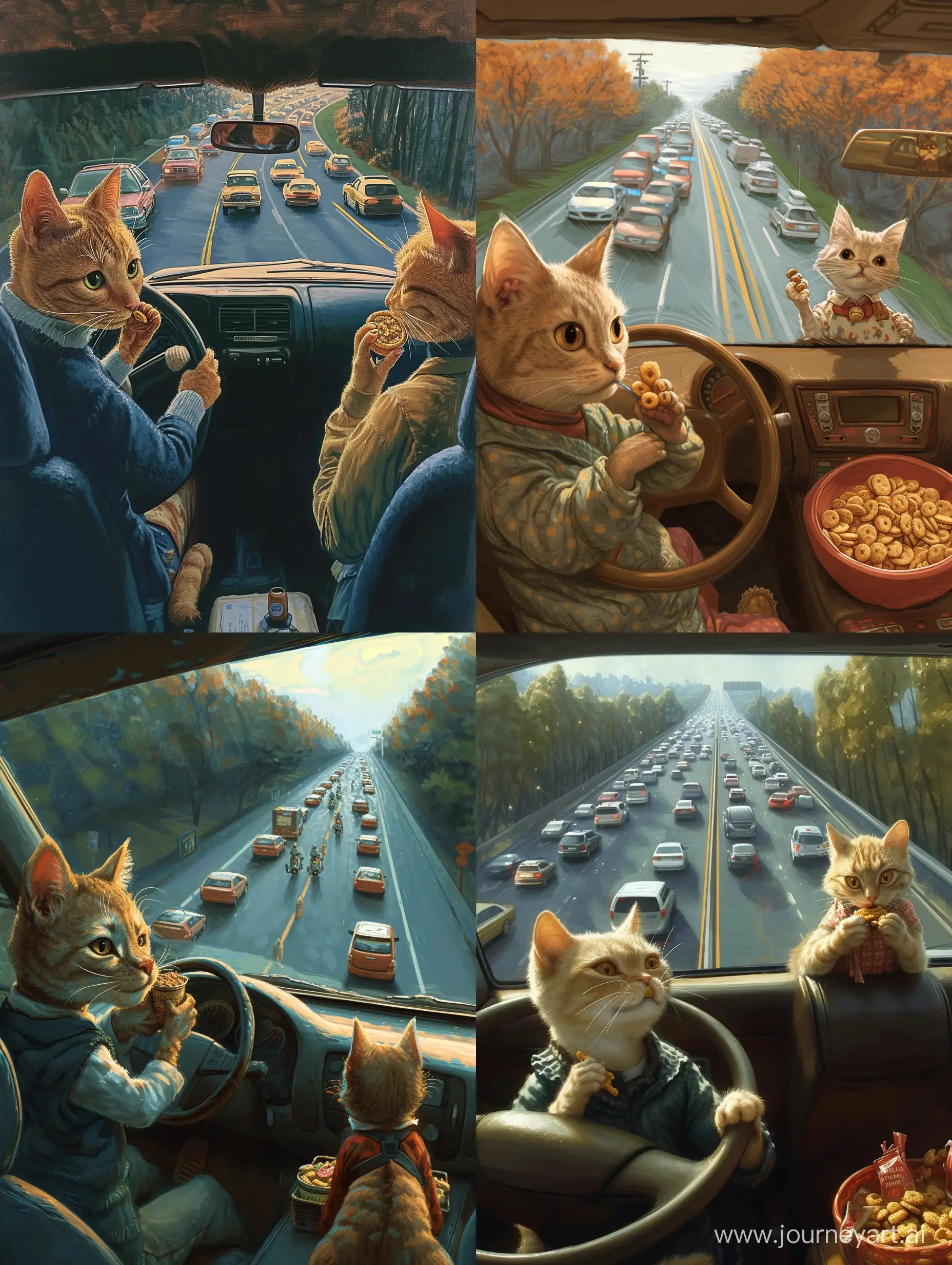 一只猫咪穿着衣服，开着车，另一只猫咪穿着坐在副驾驶上吃零食，从车子的后窗可以看到许多车子排着队，布满了这条路