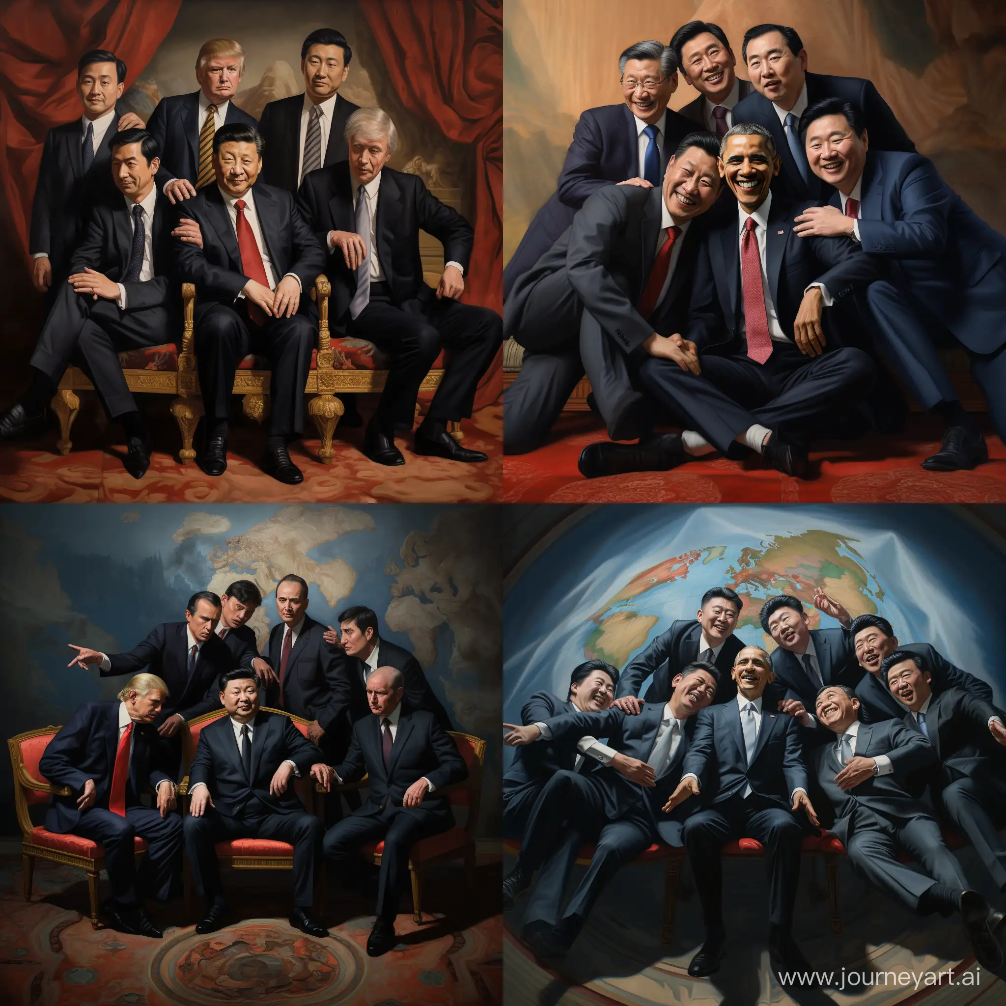 Hyper-realistic portrait of six world leaders at an international summit, displayed in a respectful and dignified manner. Each leader is depicted in formal attire, showcasing a moment of global cooperation and unity. The setting is a grand, well-lit conference i6 world leaders being wasted after drug party.Emphasize the details like facial expressions, clothing textures, and the ambient lighting of the conference room to enhance the realism.