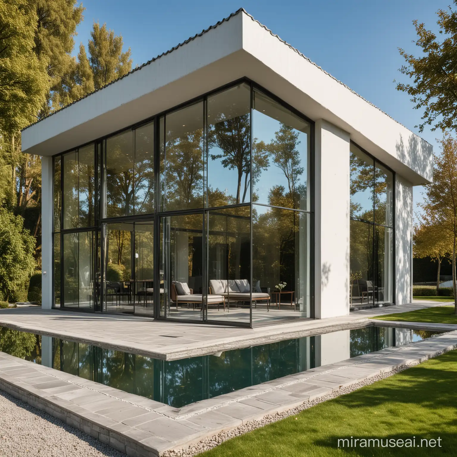 Villa with Mirror Reflections and Glass Windows