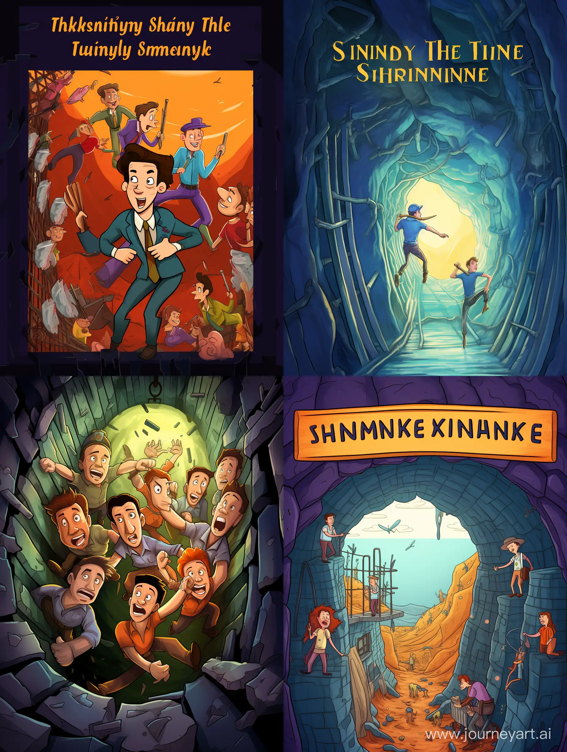 illustrate a whimsical and cartoonish scene capturing the essence of "The Shawshank Redemption." Imagine a group of lively, anthropomorphic prison characters working together on a daring escape plan. Picture the iconic scene of Andy Dufresne tunneling through his cell wall, but add a comical twist to the characters and the setting. Infuse the illustration with vibrant colors and playful details that hint at the challenges and camaraderie within the prison walls. Be sure to highlight key elements that fans of the movie will recognize, making it an engaging visual challenge for players to guess the movie.