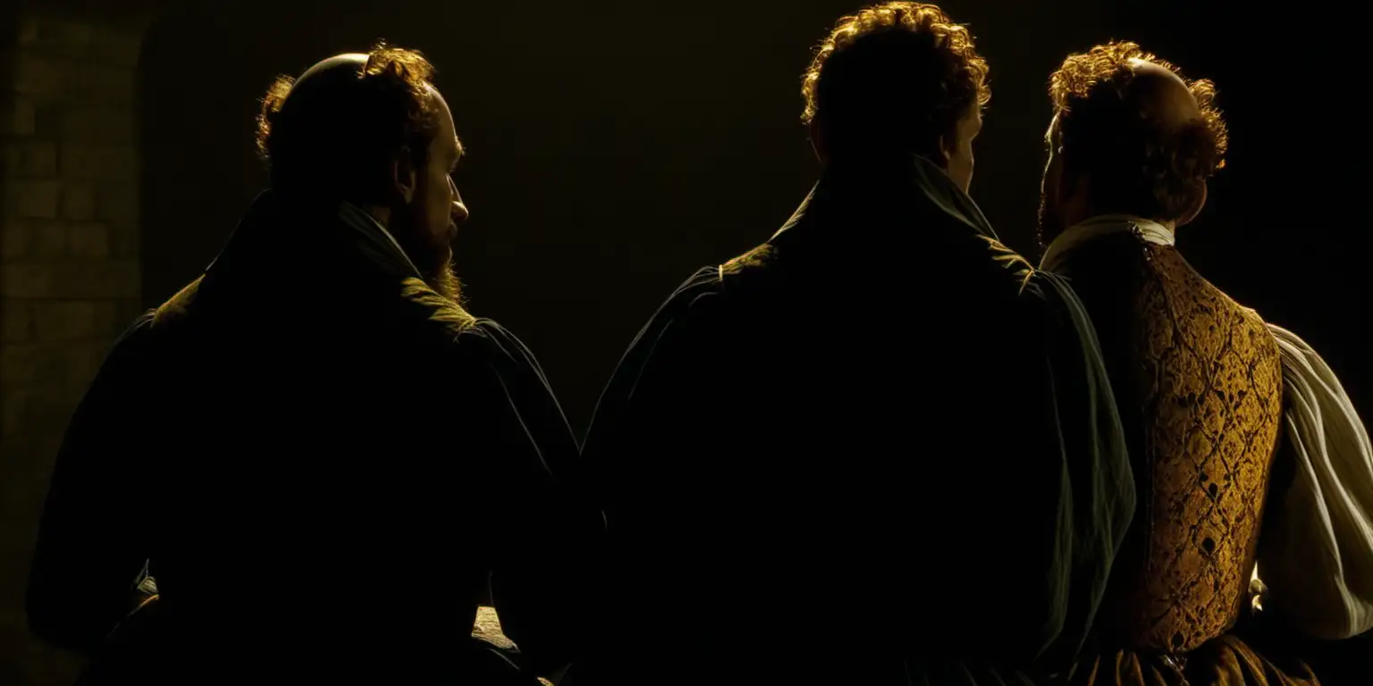 A color photo looking from behind at two elizabethan men sat staring into darkness. 
