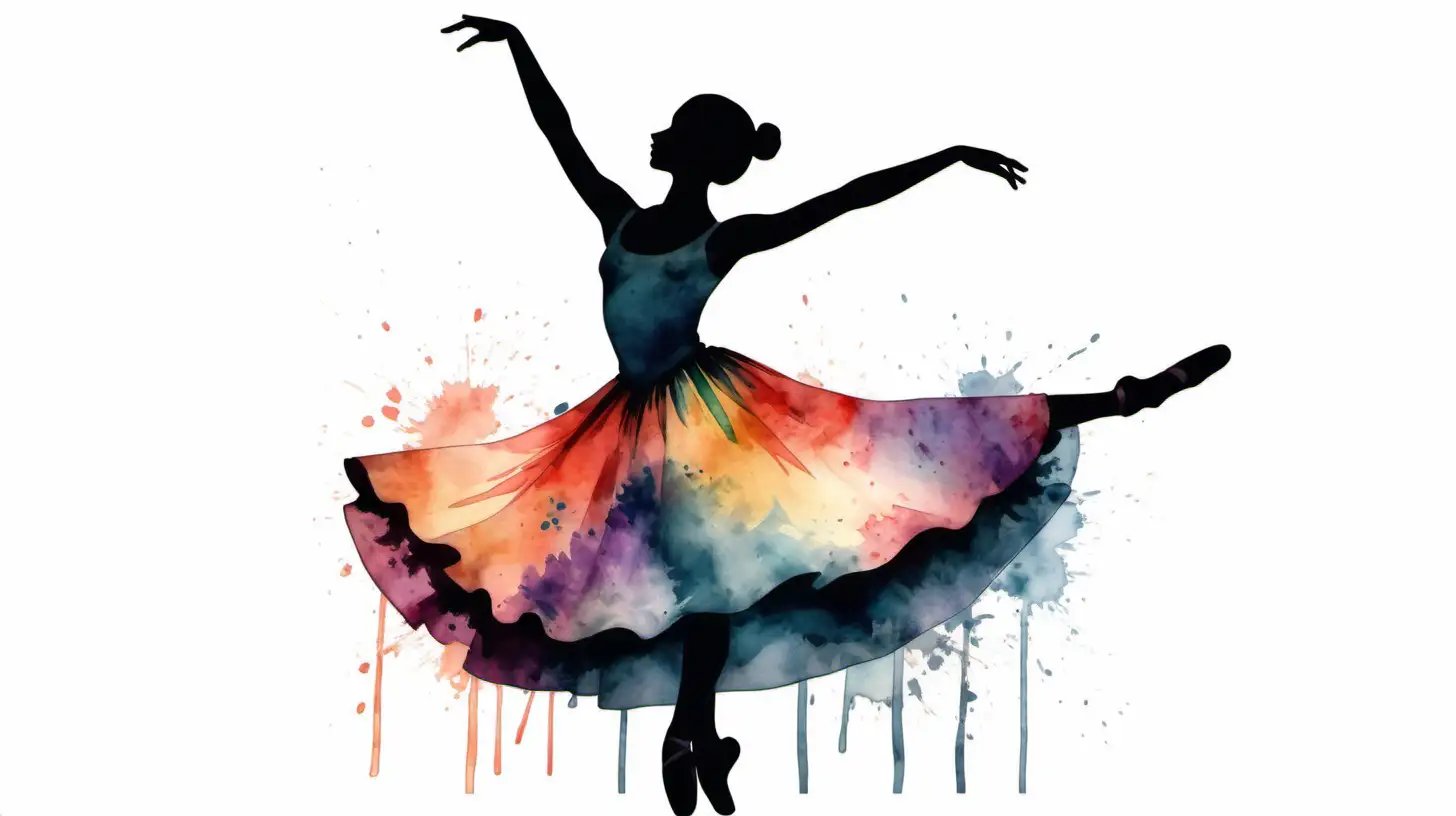 A silhouette painting of a ballerina with a Colorful skirt, extreme detail watercolor style..