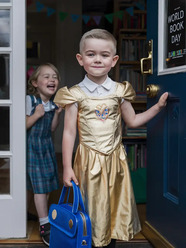 A cute young boy, full-body, facing the camera, clear facial features, short smart blonde hair shaved on the sides, bravely transforms into a golden Disney Princess for World Book Day holding a blue schoolbag and standing by the front door, the boy is disheartened because his sister is teasing him and laughing at him, photograph style