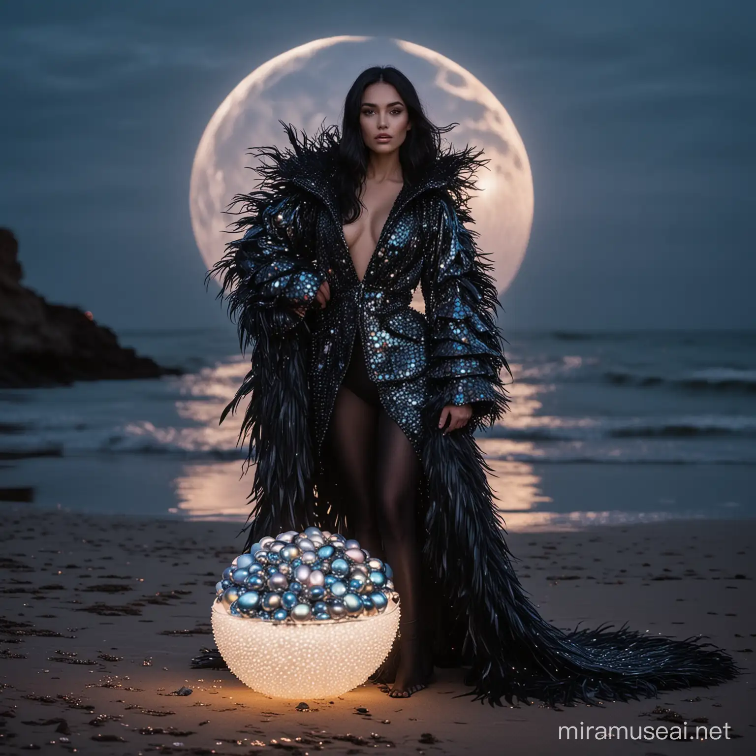 A gorgeous neon glowing woman model holding a metallic black blue colored tiny dragon inside silver eggshell, pearl iridescent colors, wearing metallic black shiny Schiapirelli inspired couture feather jacket, silver shiny crone, water are extreme long black hair, wes anderson color palette, dark night with gigantic moon beach background, 35mm photography