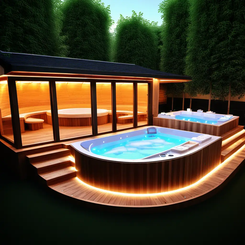 Amazing curved glulam  garden Spa designe with jacuzzi,  sauna and ambiental lights.  