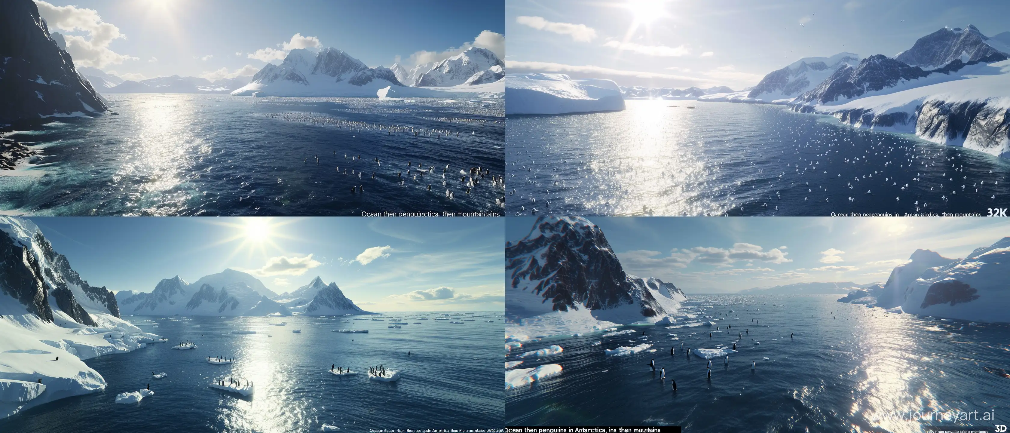 Spectacular-Aerial-Landscape-Sunlit-Antarctica-with-Majestic-Mountains-and-Playful-Penguins