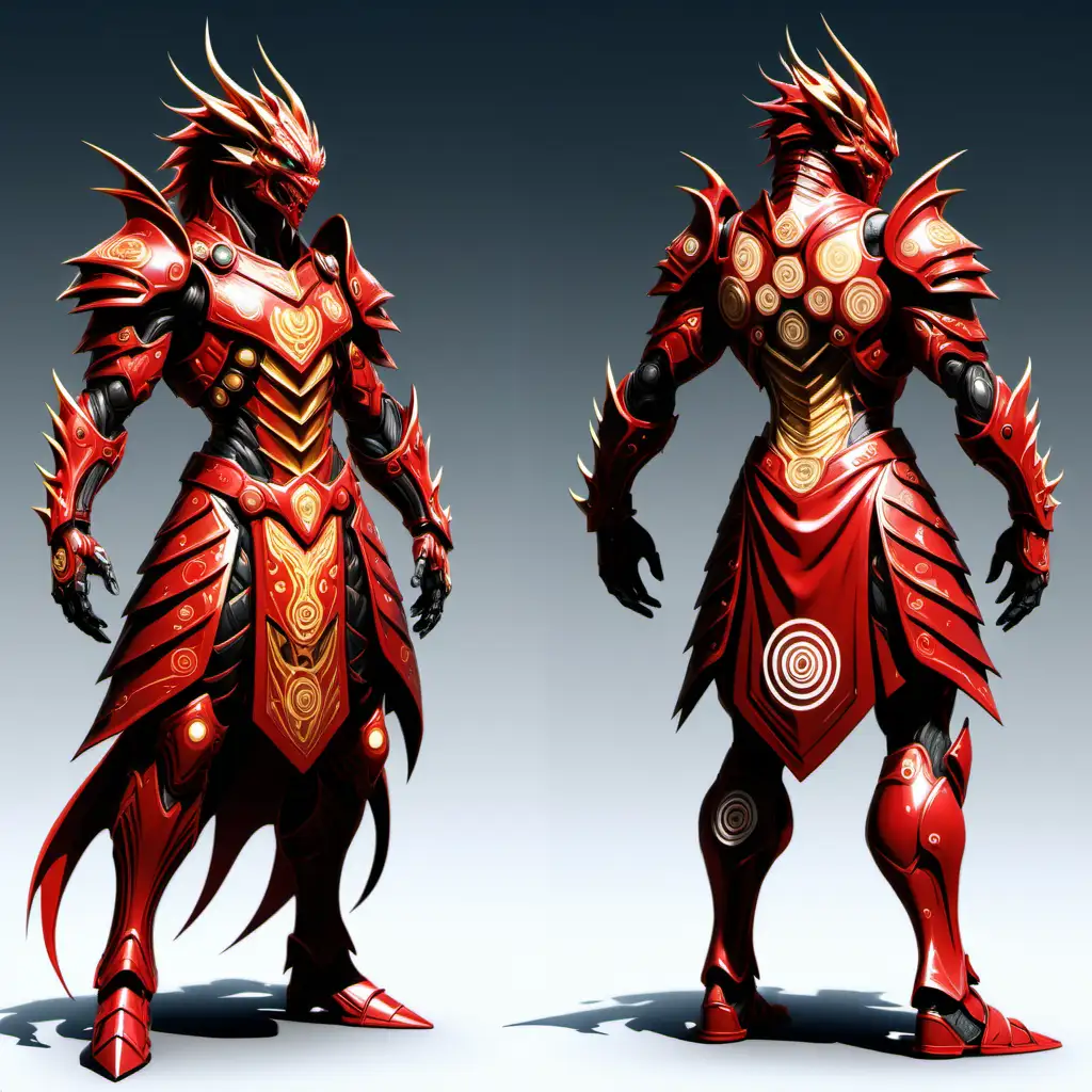 Character front pose and character back pose, Ensure that the front and back poses match each other in terms of positioning and details. High quality concept art linework style of an elemental biomechanical Guyver in the colors of red black and gold Glowing Red energy crystals in the armor colored armor with flowing white clouds, ninja with sacred geometry cloud themed robes with intricate armor his helmet is dragon themed and inspiring Character front pose, and Character facing away pose--Create two poses of my character - one facing the front and one facing the back. Ensure that the front and back poses match each other in terms of positioning and details make sure the front and the back both match seamlessly and are of the very same exact character. Generate an image that accurately reflects the details provided in the text description.
