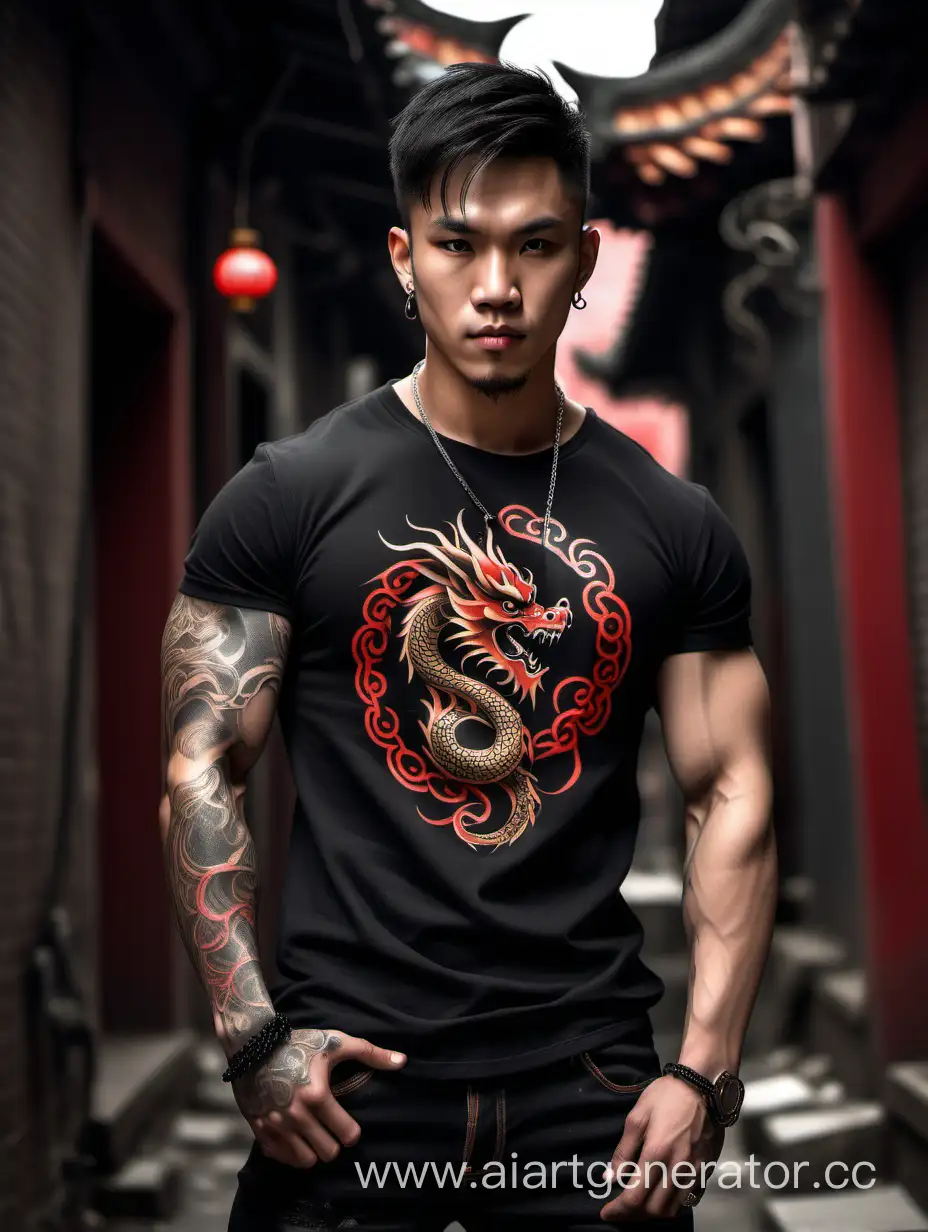 Muscular-Asian-Man-with-Dragon-Tattoo-in-Urban-Alley