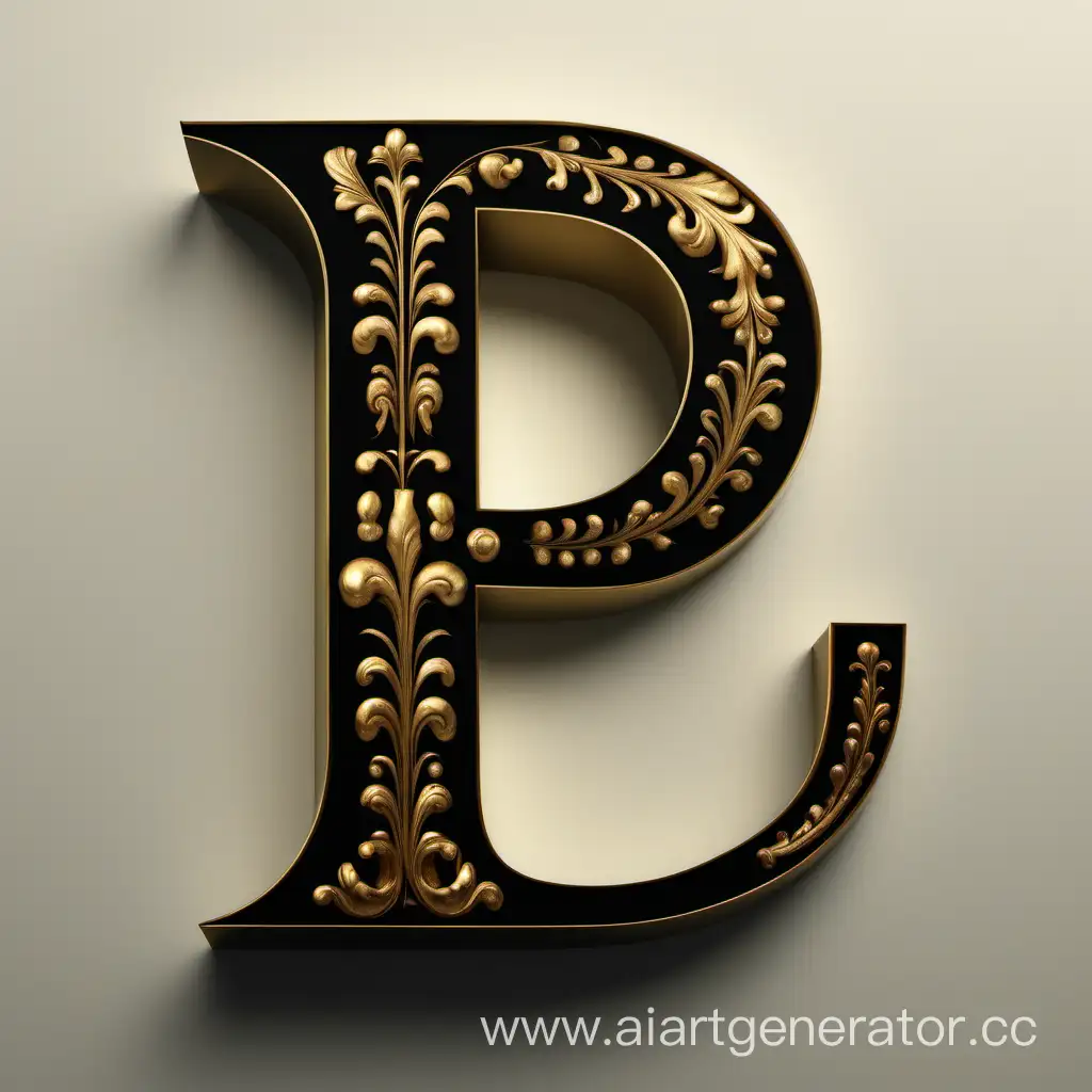 Gilded-Russian-Letter-P-on-Black-Background-with-Digit-2