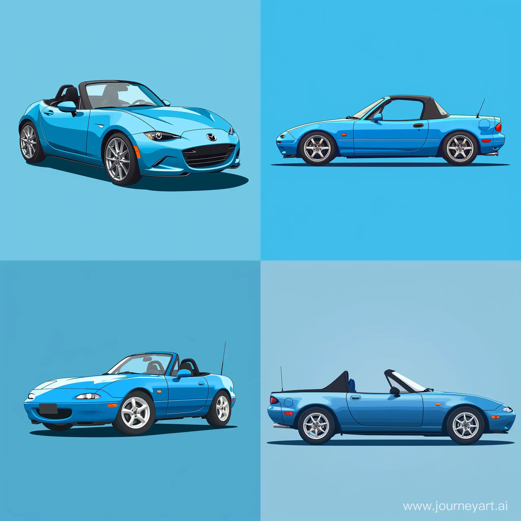Minimalism 2D Illustration Car of 2/3 View, Mazda Miata: Bold Blue Body Color, Simple Blue Background, Adobe Illustrator Software, High Precision --s 100