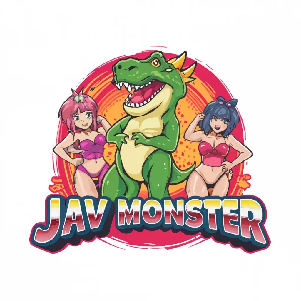 a logo design, with the text 'JAV MONSTER', main symbol: a funny and cute dinosaur with two sexy and very hot Japanese idols wearing provocative bikini, Moderate, be used in Entertainment industry,clear background