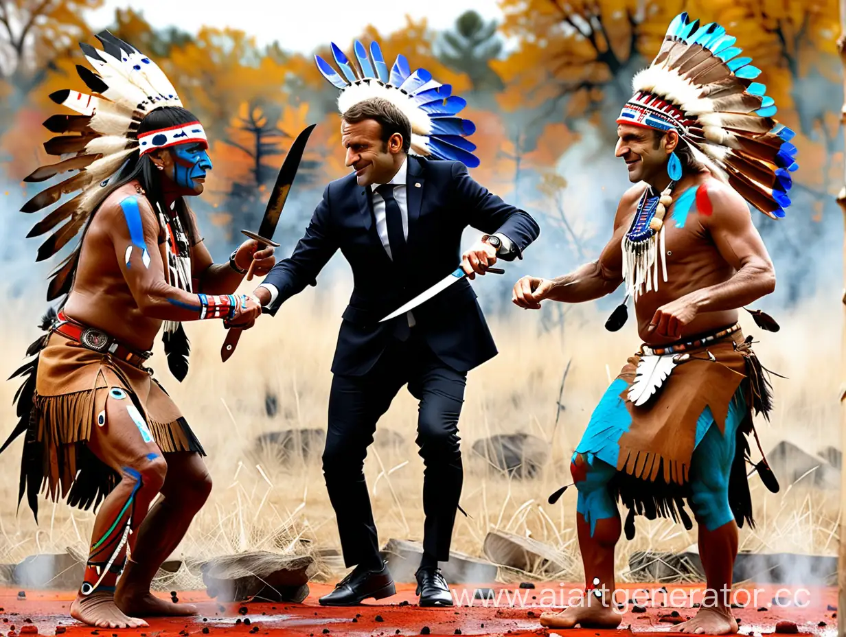 Emmanuel-Macron-Dancing-with-Buffalo-Paint-in-Native-American-Style