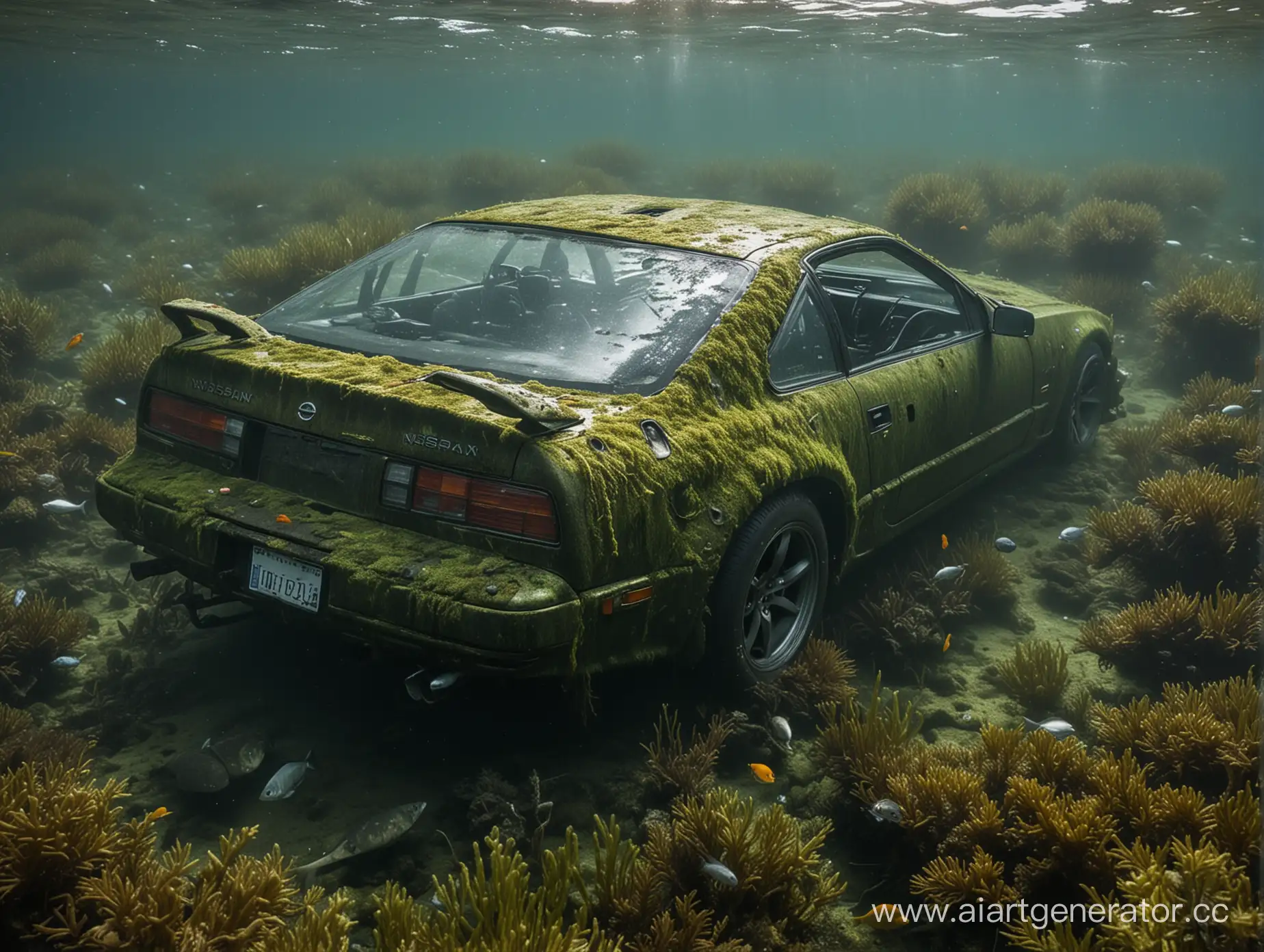 Underwater-Exploration-Sunken-Nissan-300ZX-with-Algae-and-Fish