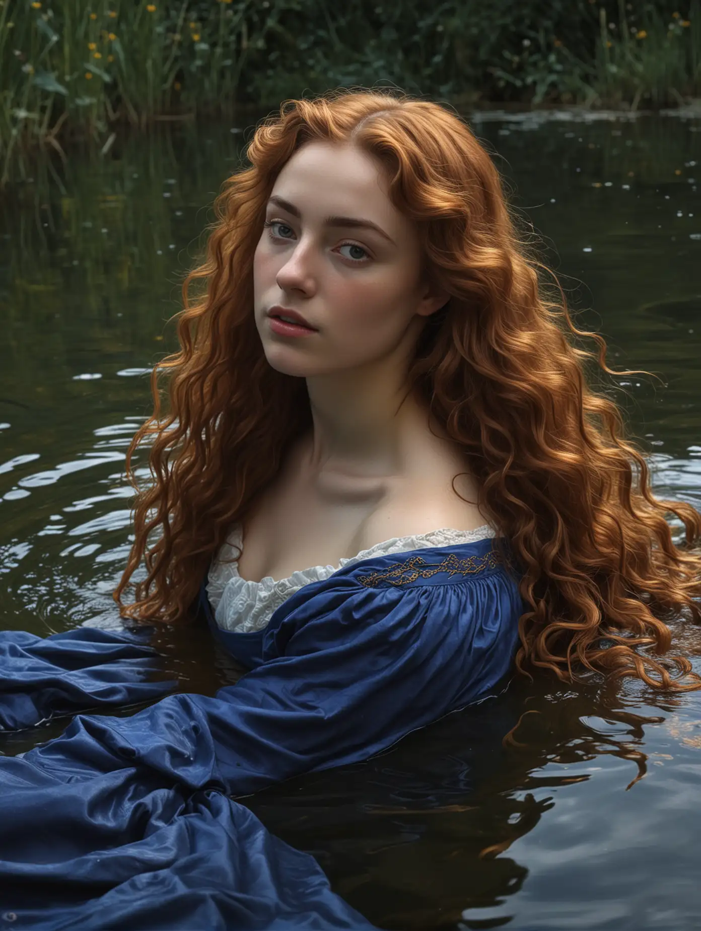 close up photo by Sir John Everett Millais, Ophelia, exquisite chiaroscuro lighting and composition, 8k, very detailed, high resolution, woman with long auburn curly hair, blue robe, floating on her back in a lake, illustration, artstation, concept art, smooth, sharp focus, award winning work, PA7_Portrait-MCU
