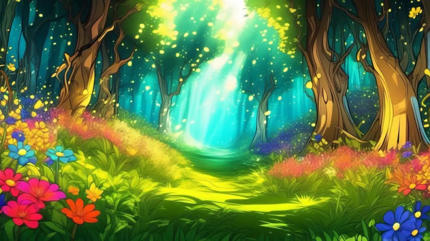 In beautiful cartoon style,  an image of enchanting forest with a meadow with flowers and  and a lot of warm sunlight with vivid colors and lively details,  ultra hd, cartoon anime, vivid colors, highly detailed, perfect composition, beautiful detailed intricate insanely detailed perfect light