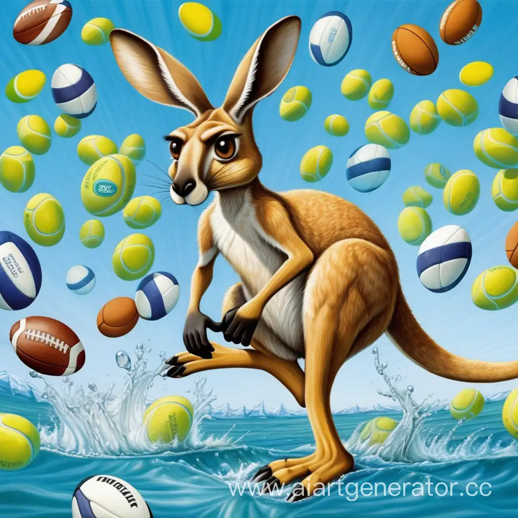 милый добрый кенгуру в небесном потоке футбольных, регбийных, теннисных мячей, хоккейных шайб и клюшек, ракеток