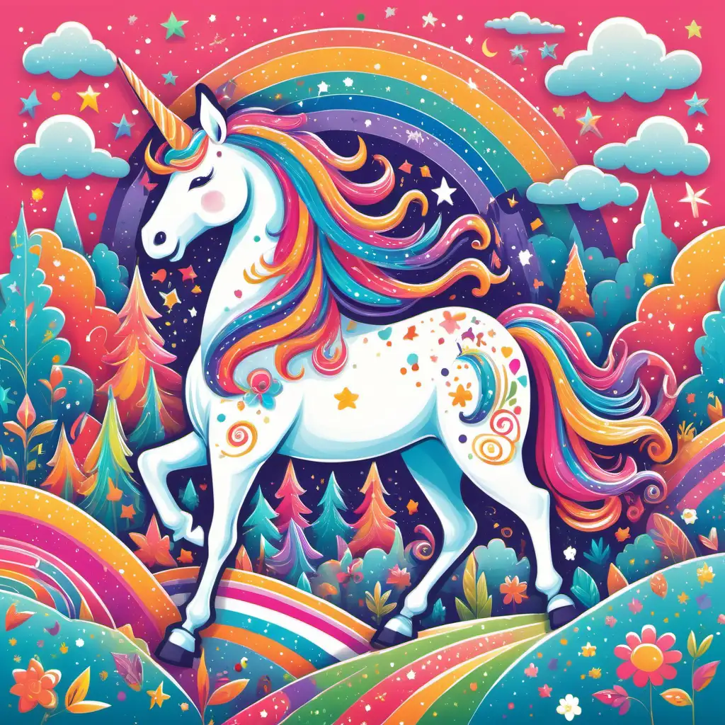 "Create a whimsical and colorful design featuring their favorite , unicorn , vibrant landscapes, or imaginative characters, sparking joy and creativity