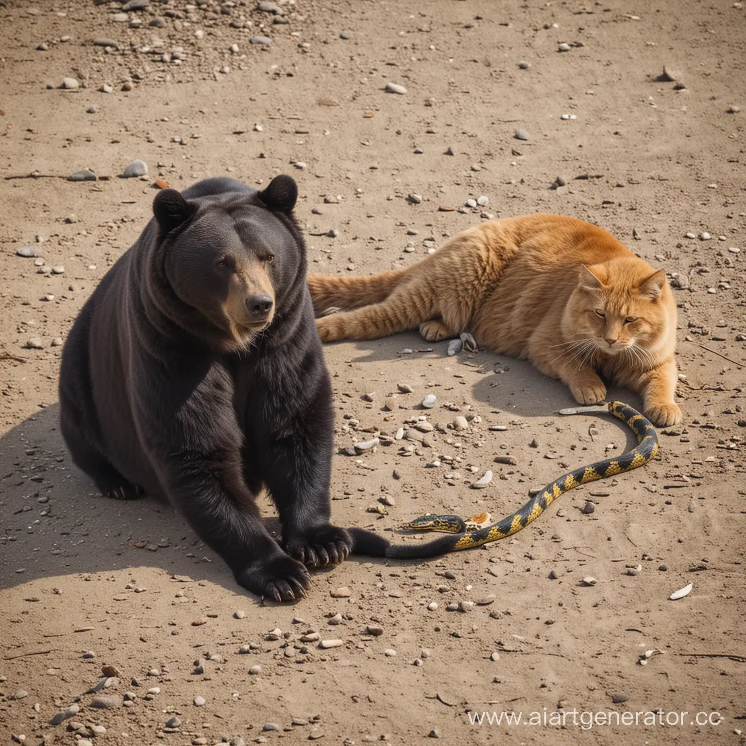 One bear, one cat , one snake