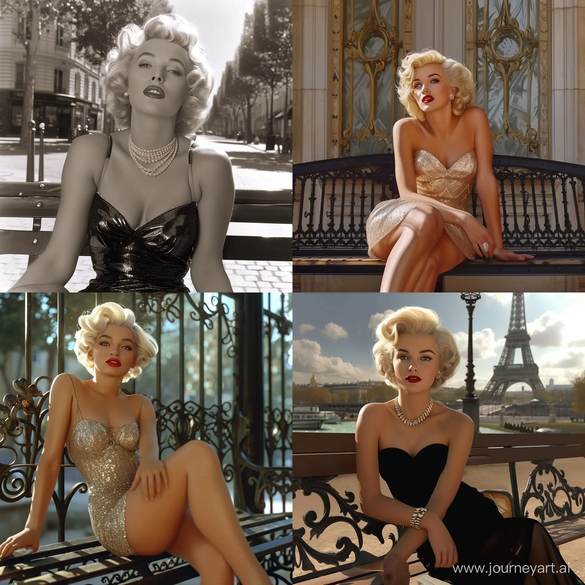 Marilyn Monroe on a Parisian bench, photorealistic, 50s
