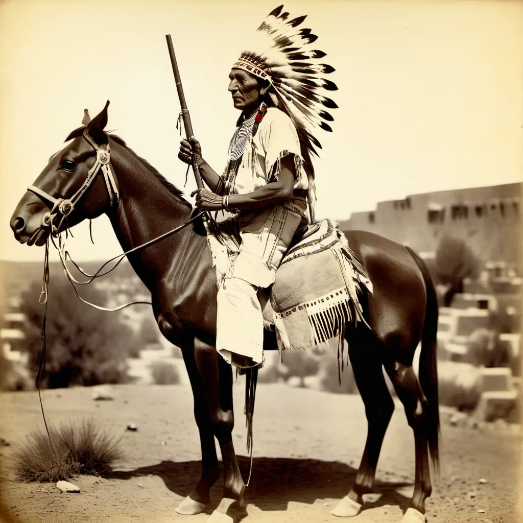 фотография 19 века индеец пуэбло на коне с вичестером в руке
