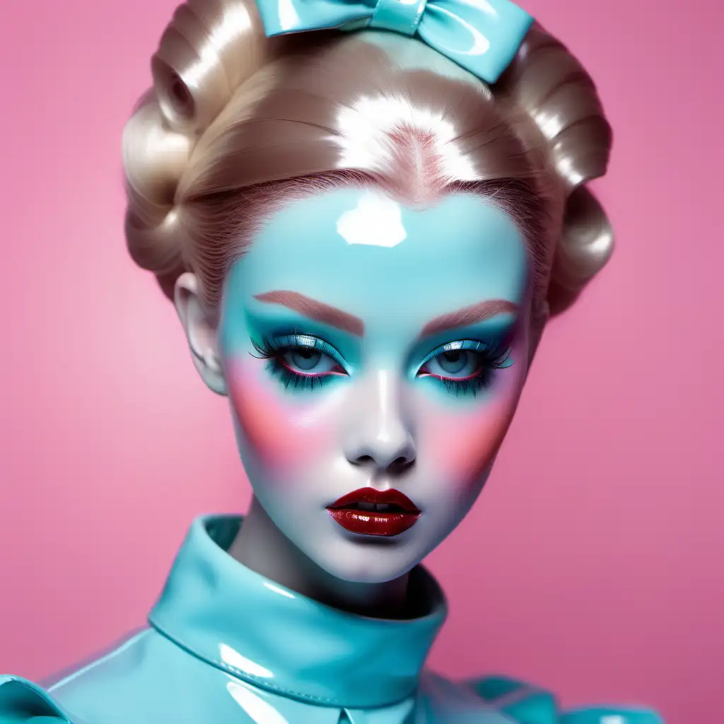 glass skin look, skin covered in lacquer alike substance , glossy, long lashes,vogue style photoshoot, vibrant makeup colors in retro style, porcelain doll look
