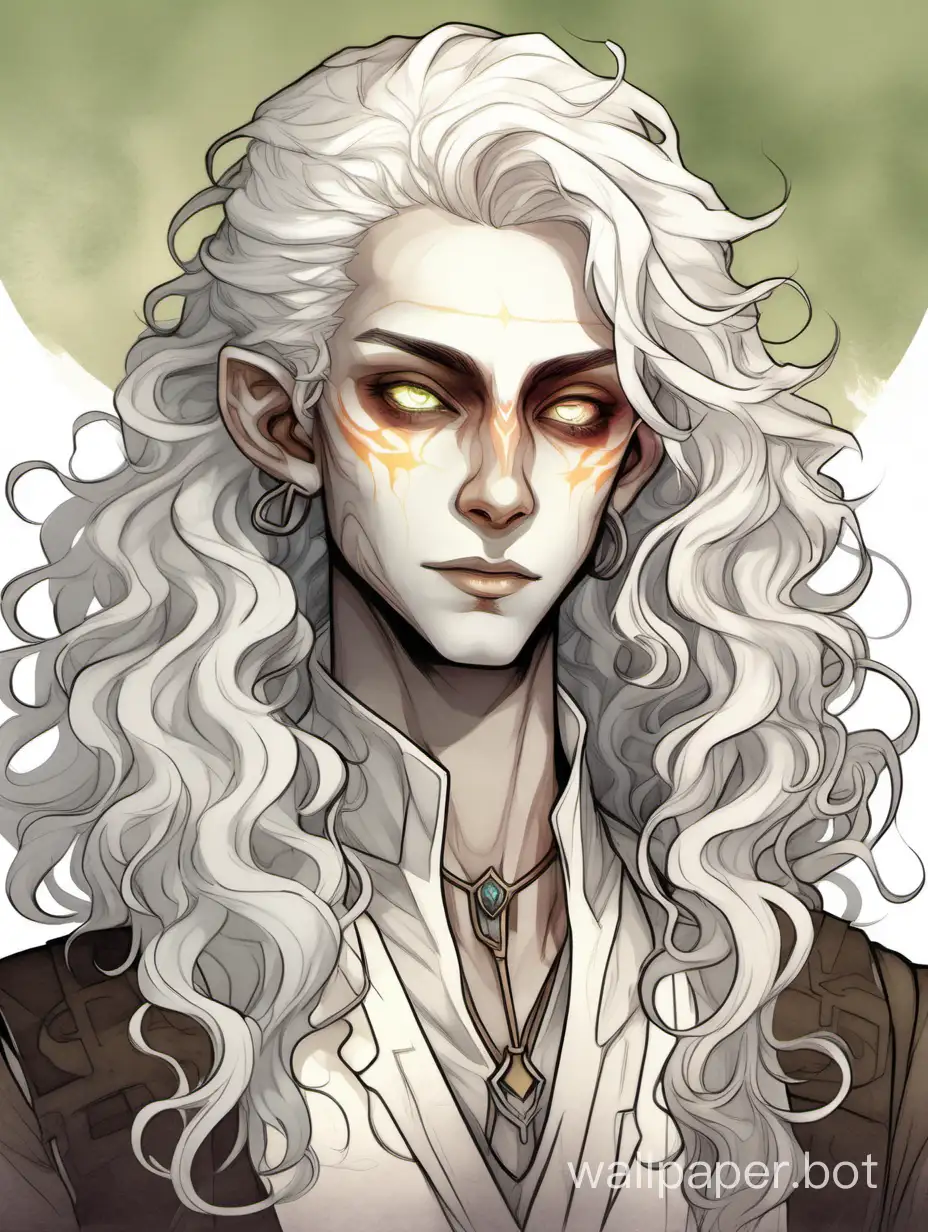 OC changeling, a D&D bard, dnd changeling, a changeling from dungeons and dragons, thin, slender, translucent ((pale white skin)), (wavy curly long white hair), ((glowing white eyes)), androgynous, flamboyant, nonbinary, pale body, lithe, pointed ears, almond shape eyes, flat chest, charismatic, (bard adventurer clothes), epic, portrait, poster, humanoid, friendly, pretty, character bust, wearing clothes, entertainer,  performer, clean, baggy sleeves, waistcoat, straight slightly hooked nose, digital art, classic, watercolor, proportionate, anatomical, painting, shapeshifter, haunting face, white skin, all white grey inhuman, colorless skin, hair half-up in bun