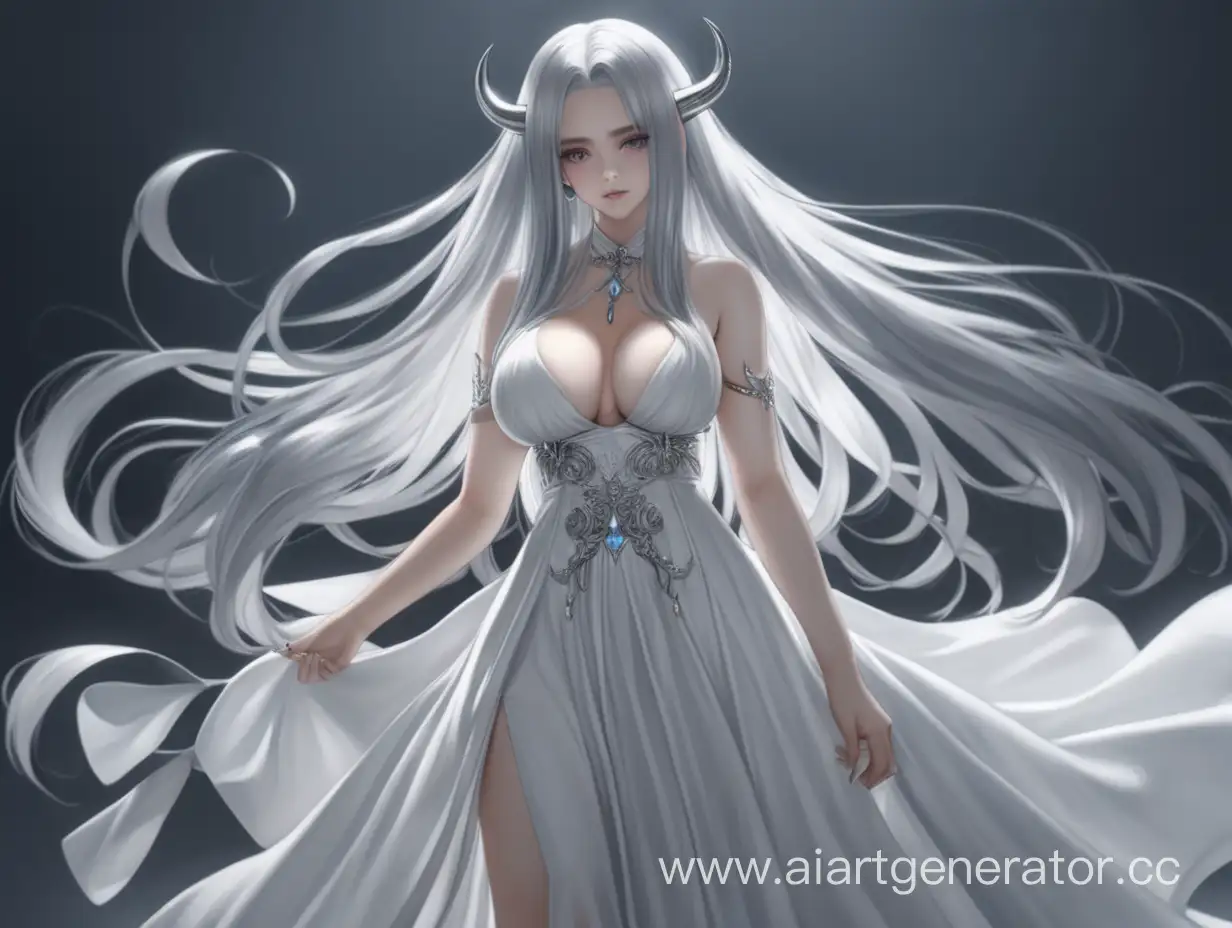 A girl with long silver hair, a demon with big breasts in a full-length white dress
