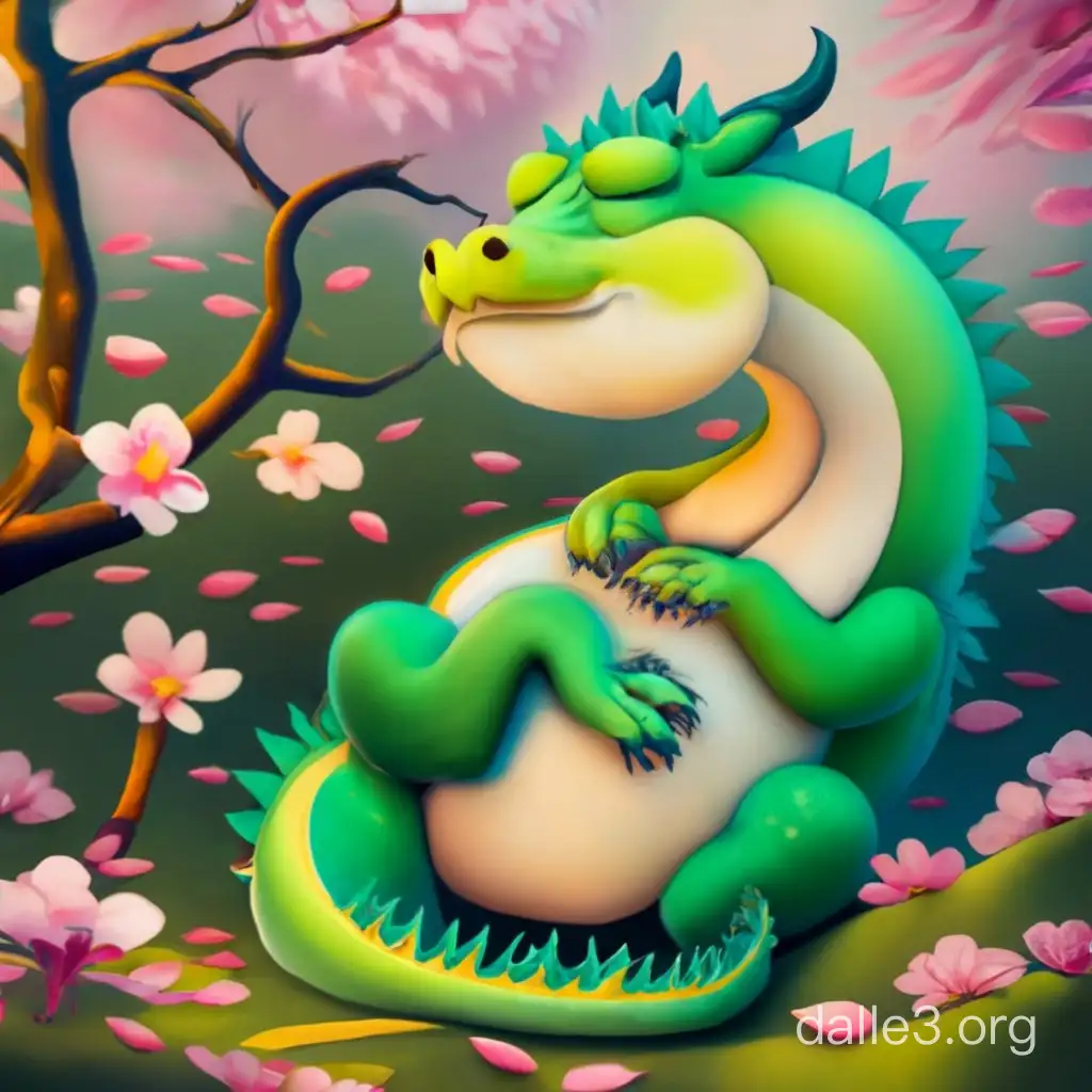 in a land full of cherry blossom, a lazy cute dragon sleeping on the ground peacefully, the dragon with a big tummy, dragon green in colour, benksy style