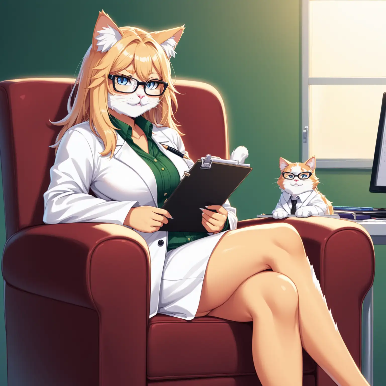 A female furry Norwegian  cat psychologist, glasses, sexy, wearing an open lab coat, sat in a chair with a pen and notepad, legs crossed, next to a psychologist’s couch