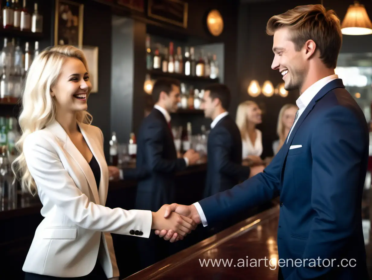high quality digital photo graph background  upper class bar, , a beautiful  blonde girl,  shaking hands with a handsome white man in a business suit,  both smiling and laughing   , wide