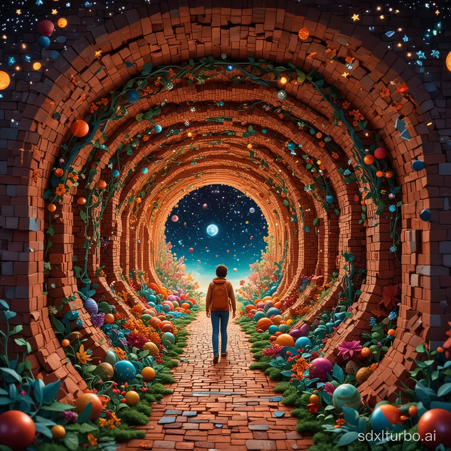Multi-dimensional brick-cut craft, paper illustration, tunnel, stars and planets, vine, colorful, beautiful highly detailed intricate full-body portrait photography, photorealistic 8k cinematic lighting