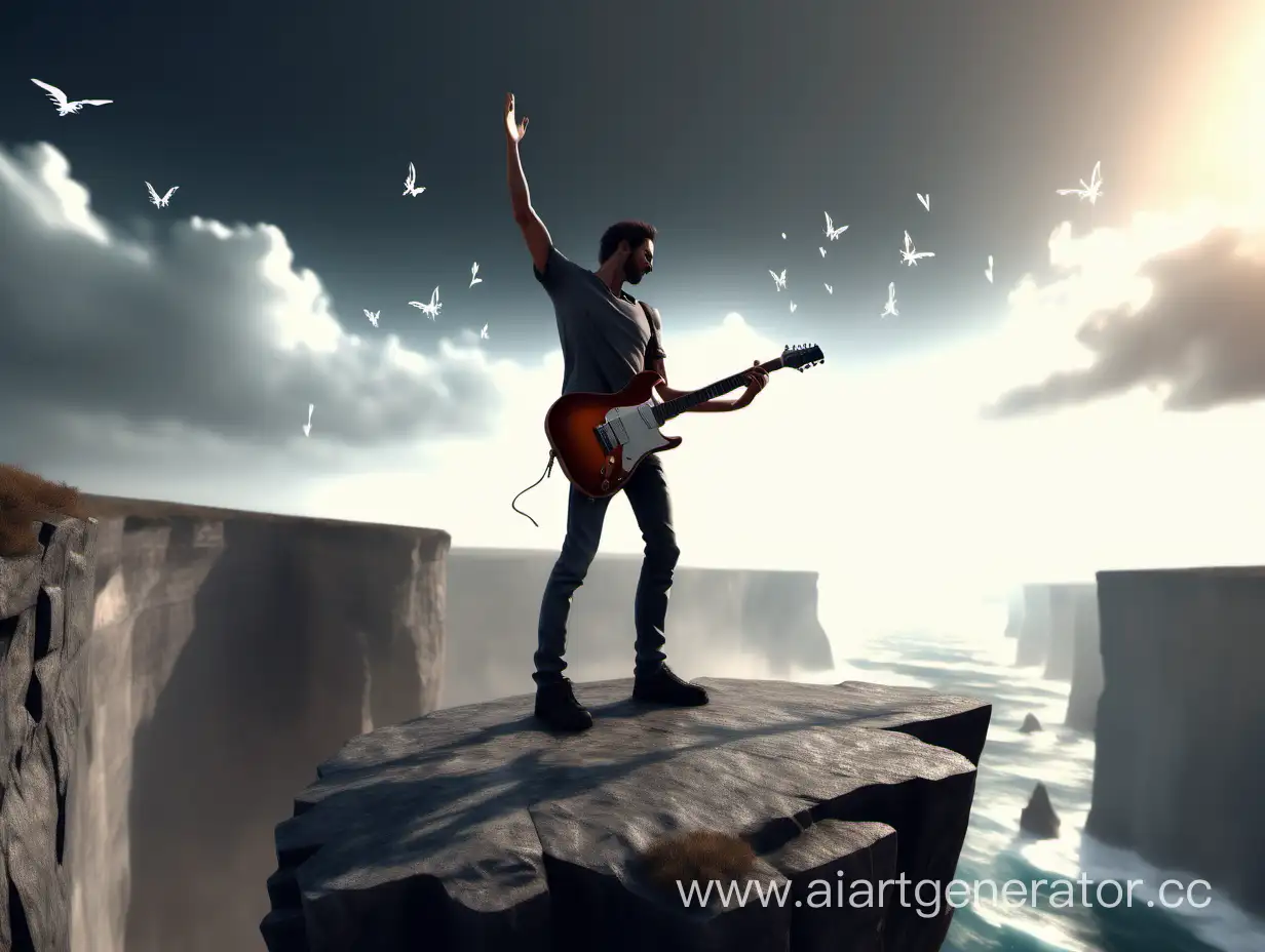 a man stands on the edge of a cliff, he waves his arms, an electric guitar lies nearby, beautiful musical notes and fly nearby, wind, ultra-realistic, high detail