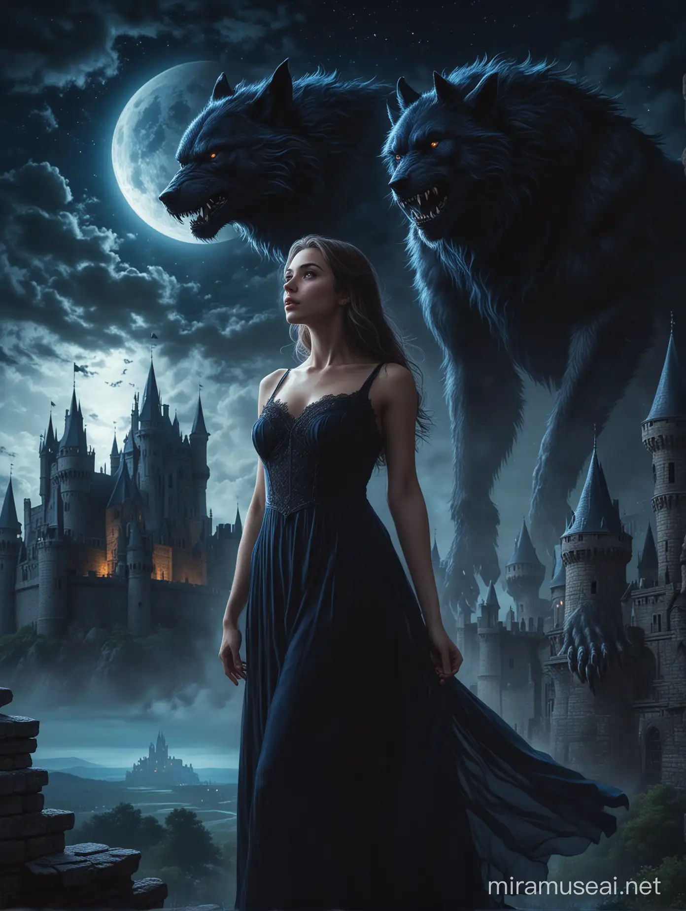 Beautiful innocent lady in a black dress, looking at the sky, with a Mighty werewolf standing behind her, in a luminous deep blue night and a castle behind them
