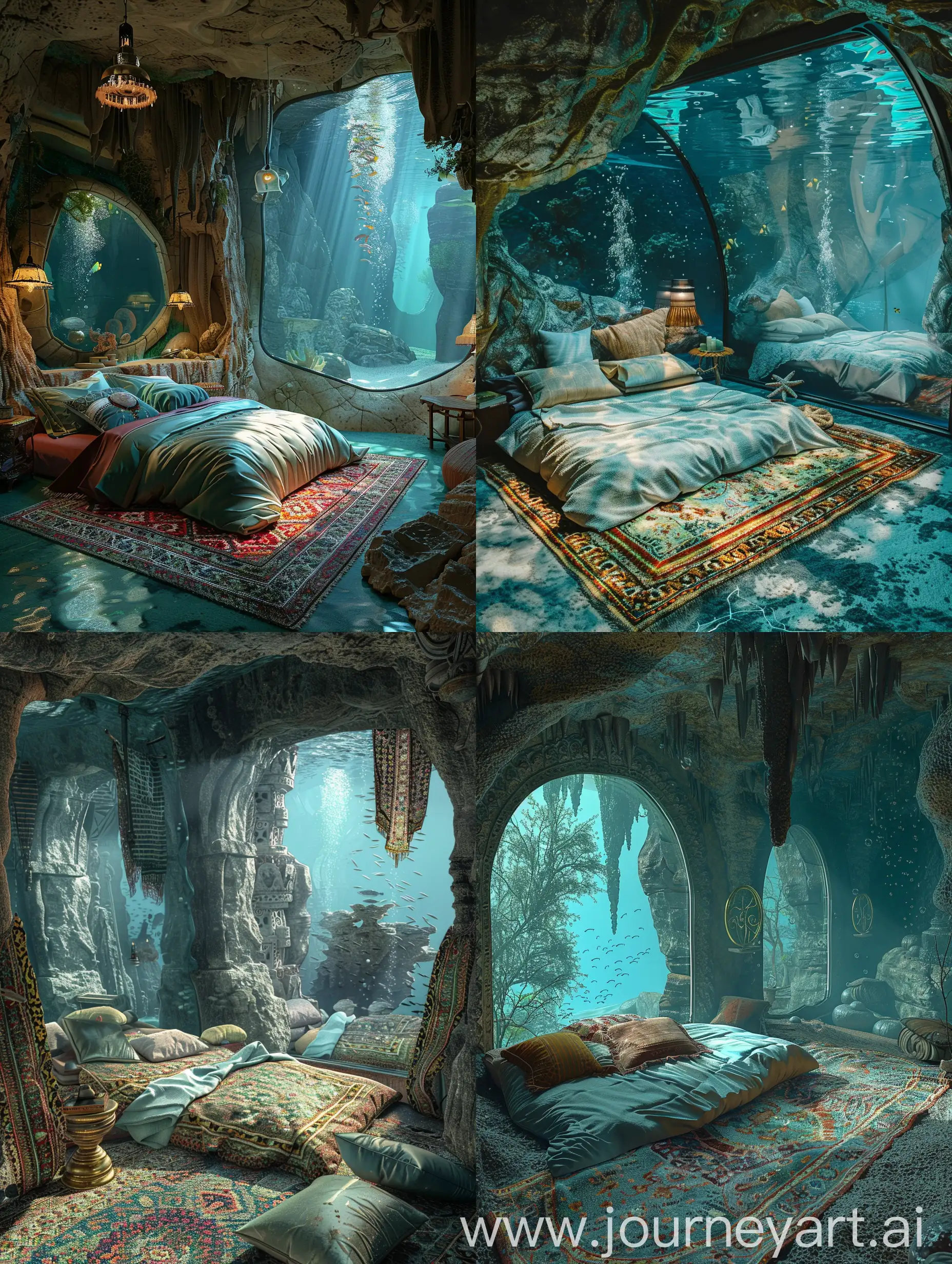  A cave bedroom interior in the underwater world, surreal photos, aesthetic mood, underwater sightseeing glass windows, simple bohemian warm bed and carpet, pillows, various bedroom furnishings, exquisite, aesthetic mood, extreme light and shadow effects, dreamlike, healing painting style, visual aesthetics, rich details, surrealism, virtual engine, perfect alkane rendering, masterpiece  