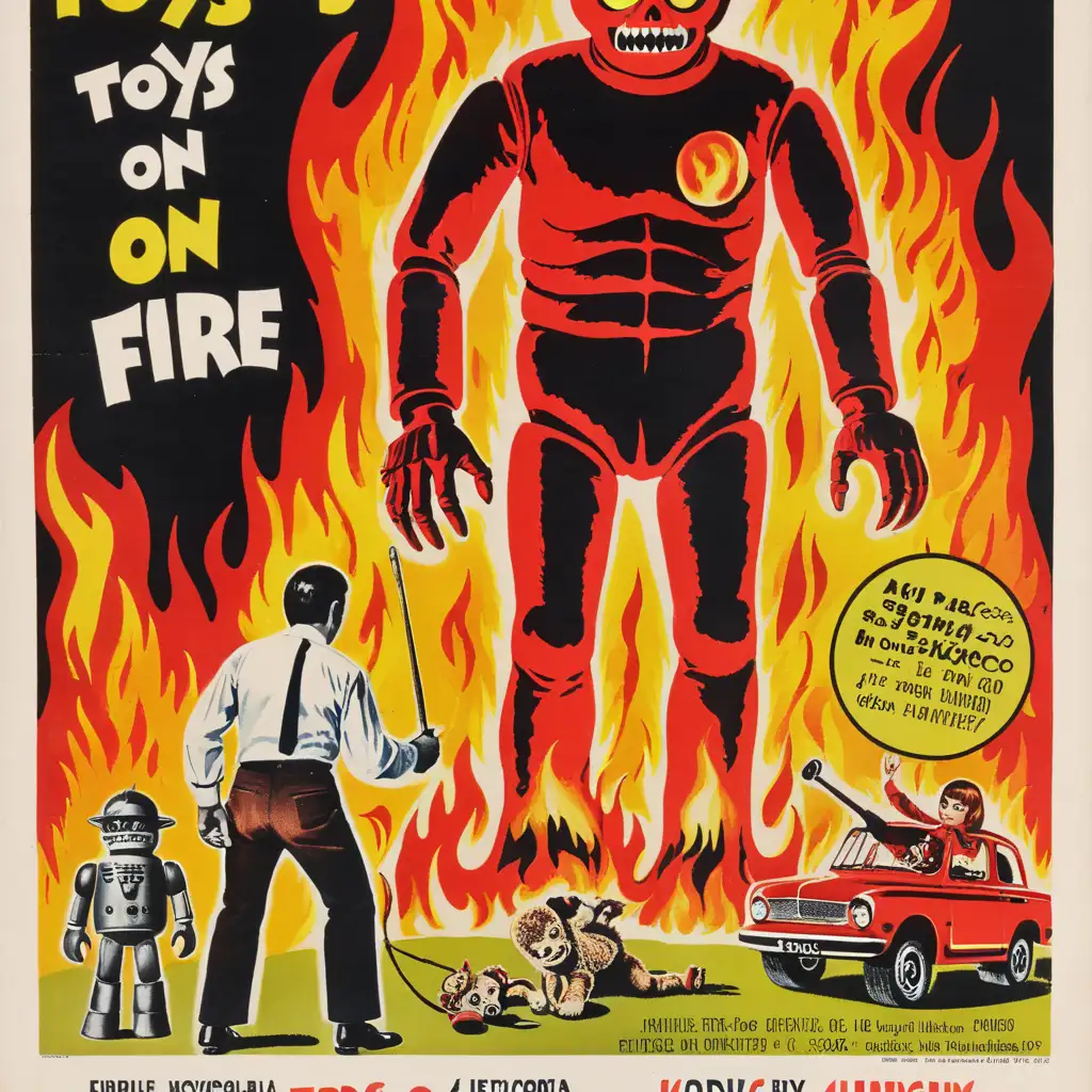 toys on fire
[style: 1960s horror poster]