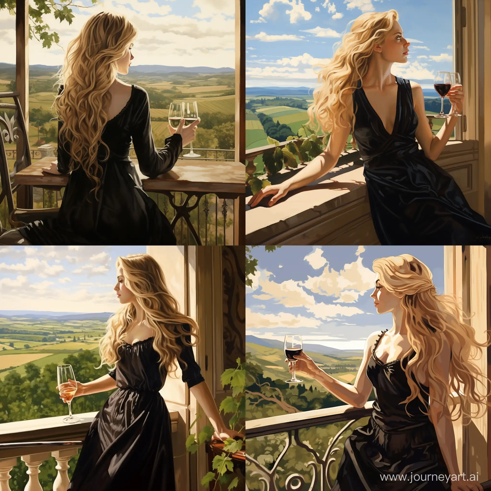 Девушка с длинными блондинистыми волосами и черным платьем стоит на балконе веранды, впереди нее виноградное поле