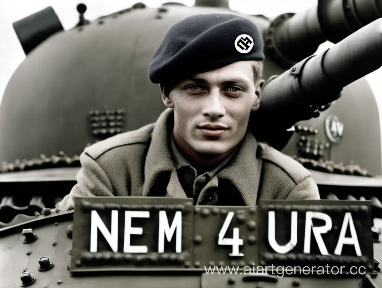 German-Tank-Crewman-Sitting-on-Tank-with-Nem-4-ura-Inscription