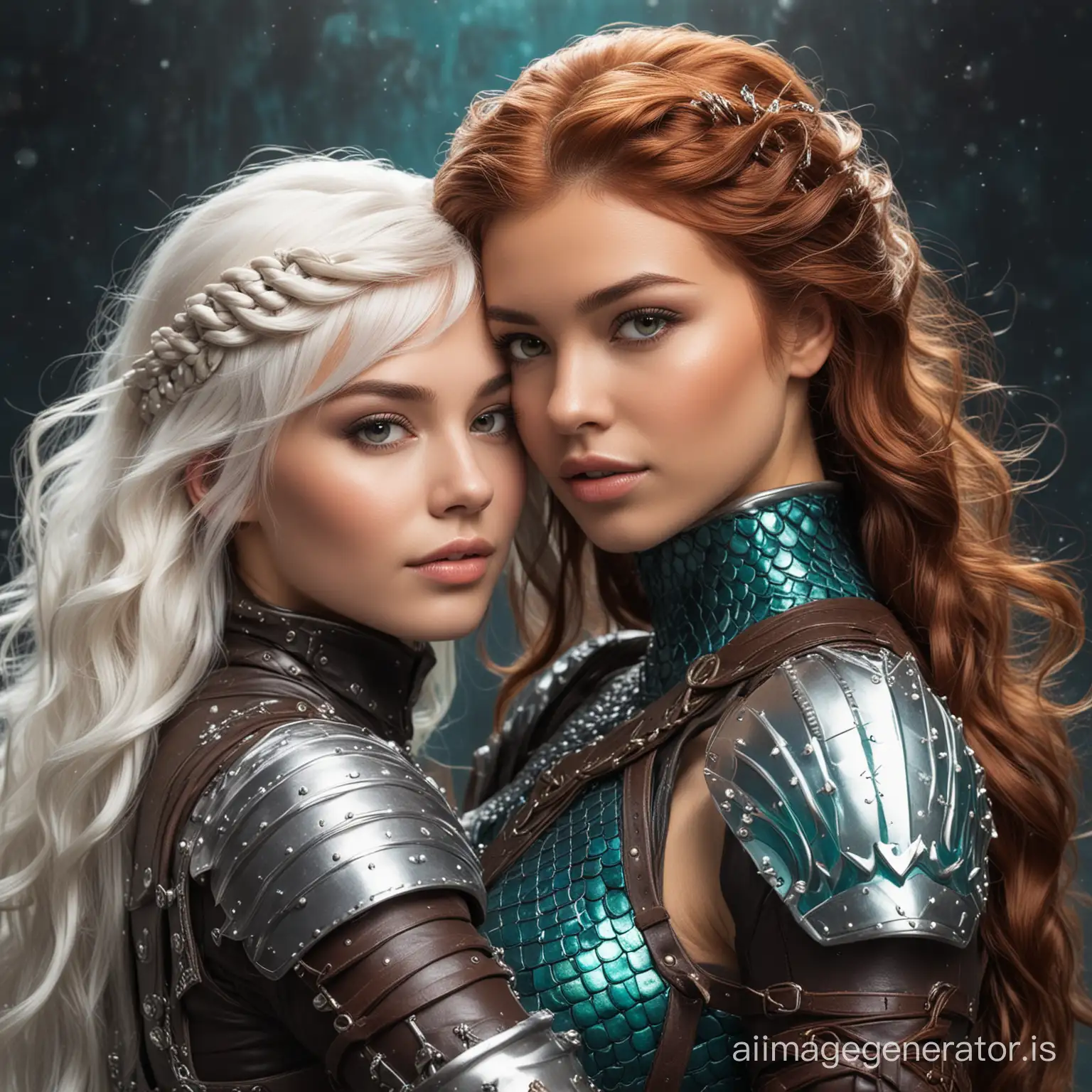 Eskimo Princess in leather armor with pixie cut and mermaid with flowing long hair embrace