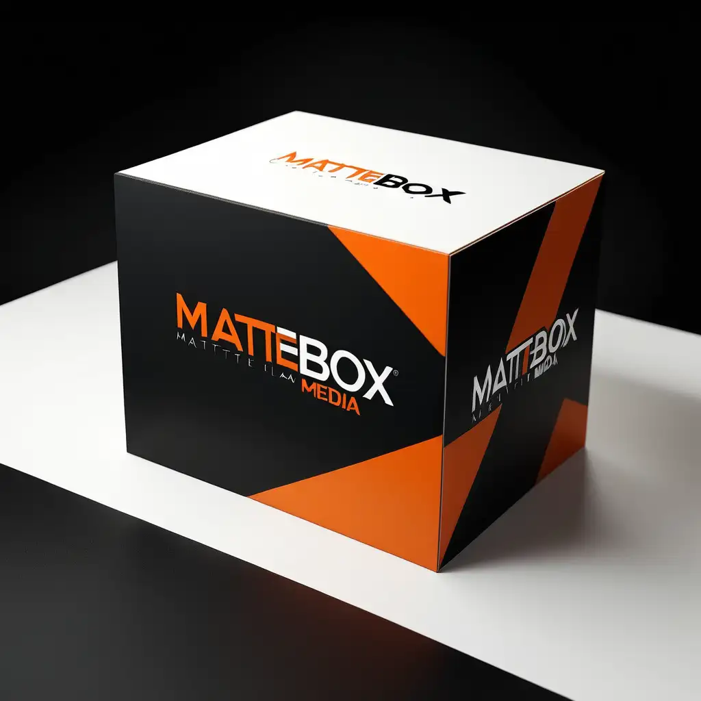 business name; MatteBoxMedia, logo, add Film matte box to logo, 
mostly black and hints of orange, white background, modern, chaos 90,