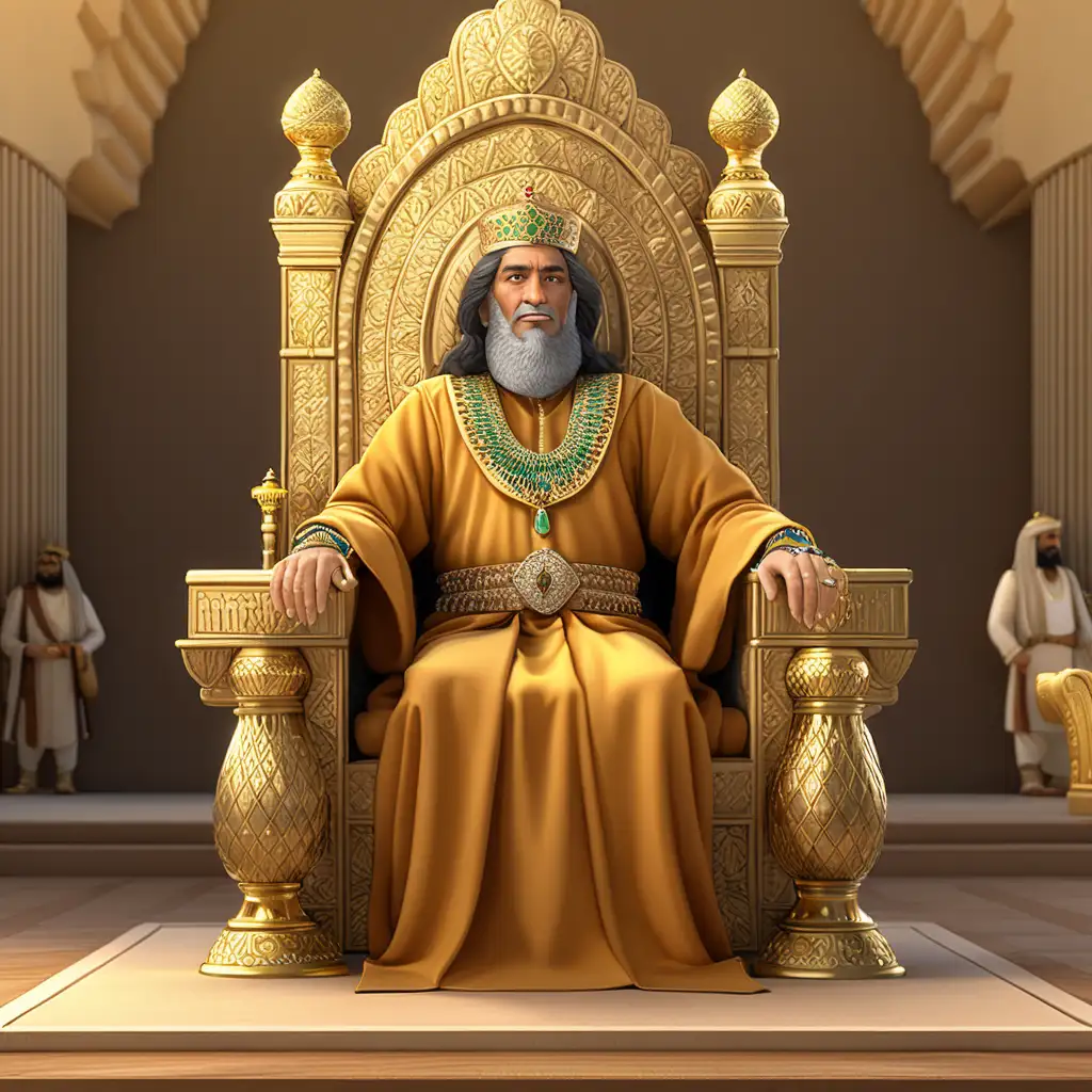 Create a 3D illustrator of an animated scene of an Afghani mid aged king in his assembly while the king is sitting on the throne. The king is wearing golden clothes with some jwellery.