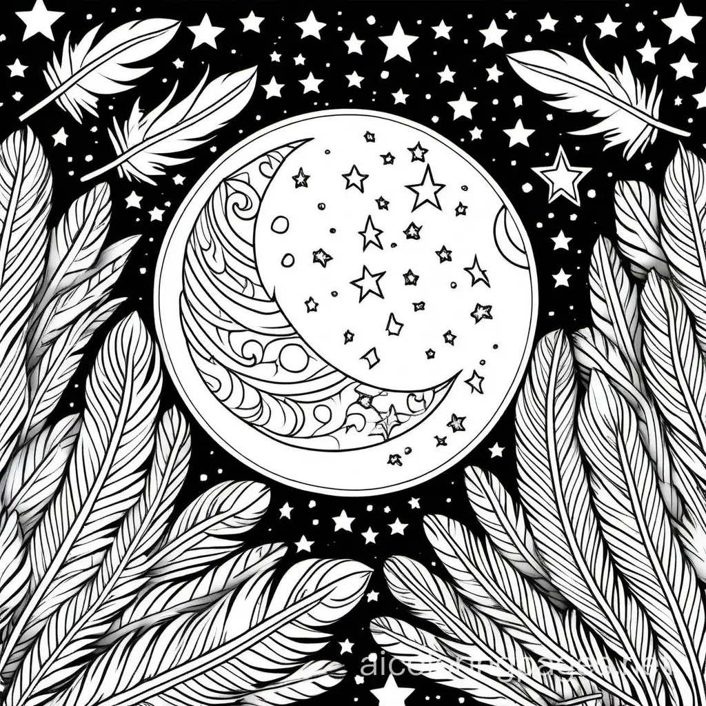 full page moon and stars with feathers pattern coloring page, black and white, line art, Coloring Page, black and white, line art, white background, Simplicity, Ample White Space. The background of the coloring page is plain white to make it easy for young children to color within the lines. The outlines of all the subjects are easy to distinguish, making it simple for kids to color without too much difficulty