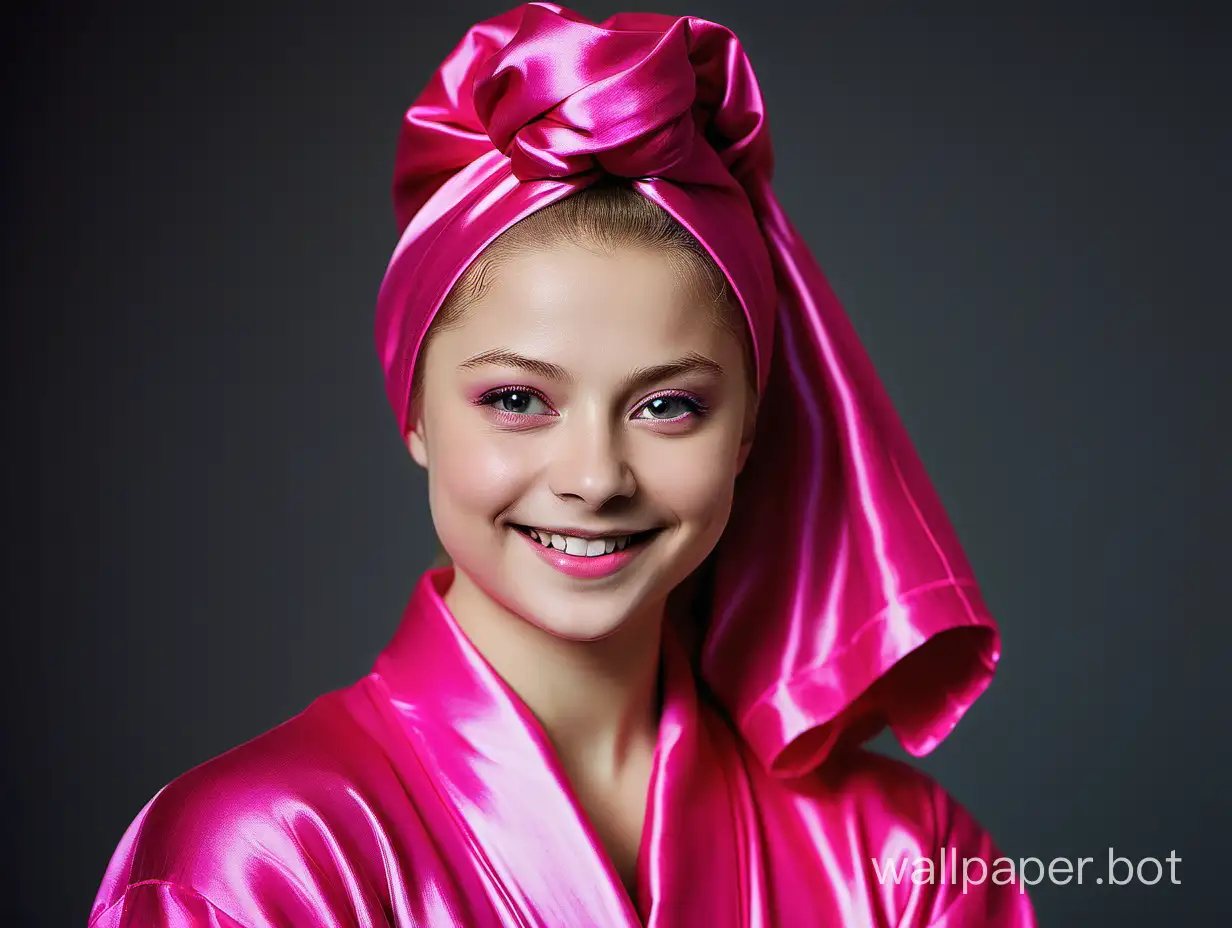 Yulia Lipnitskaya smiles with long hair in a silk robe of pink fuchsia color with a pink silk towel-turban on her head