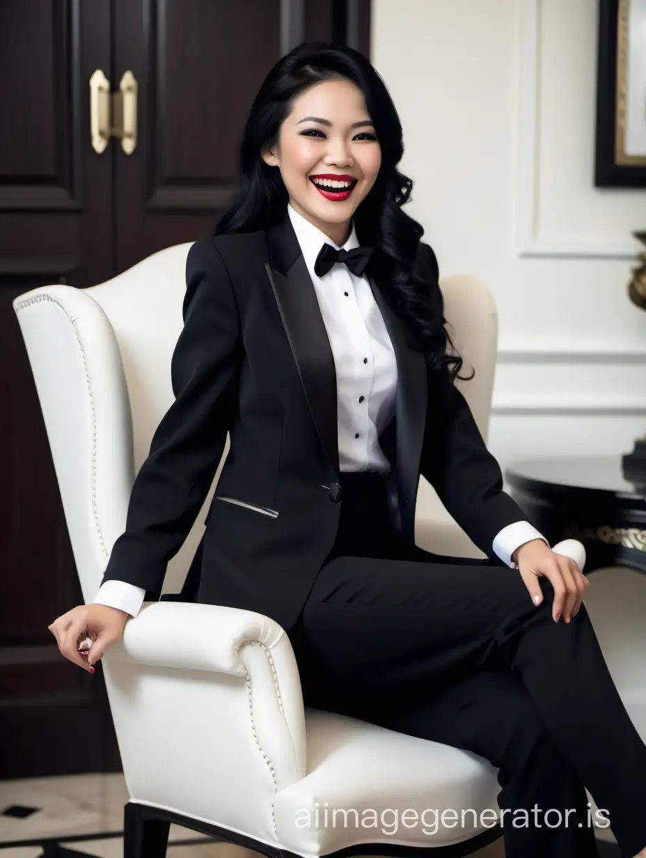 Elegant-Vietnamese-Woman-in-Black-Tuxedo-Smiling-and-Laughing-in-Mansion