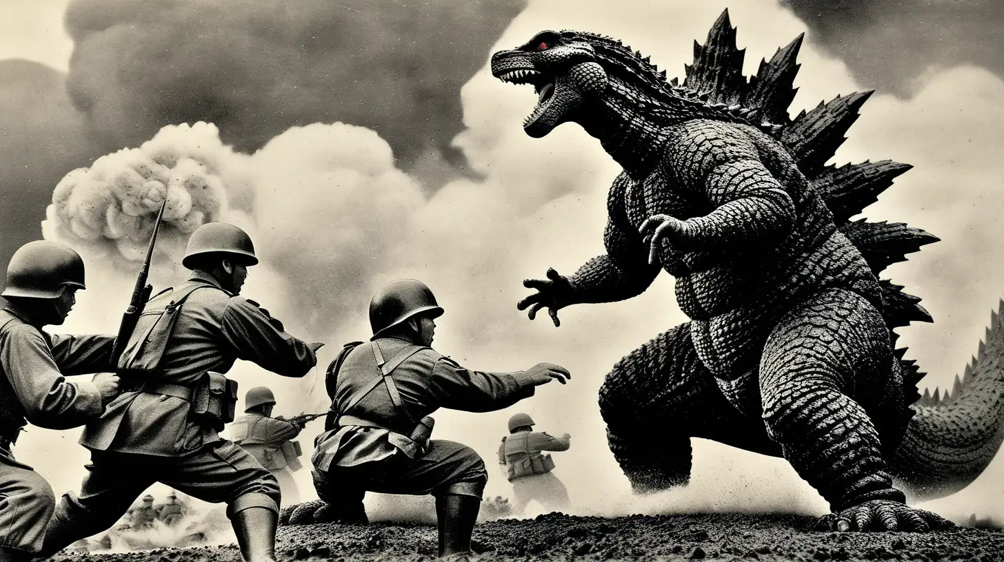 Super epic Godzilla battling Japanese army
