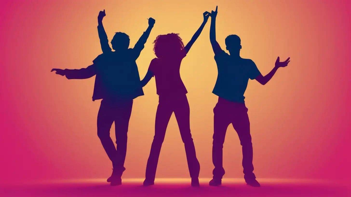 silhouette of 3 people with different individual color, showing an expressive gestures  of happiness, listening to music and dancing