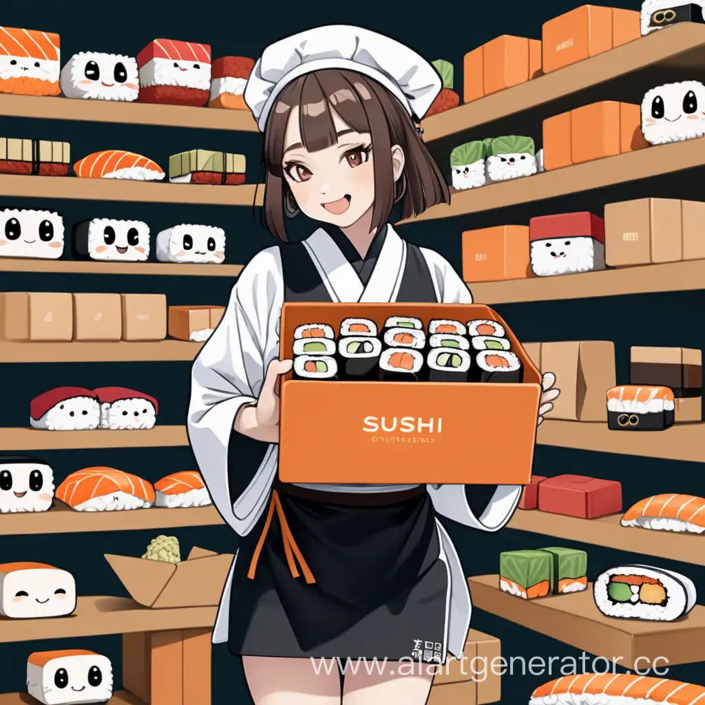 девочка в костюме суши, в руках коробки суши, на фоне много коробок с едой, смущенная, счастливая, арт