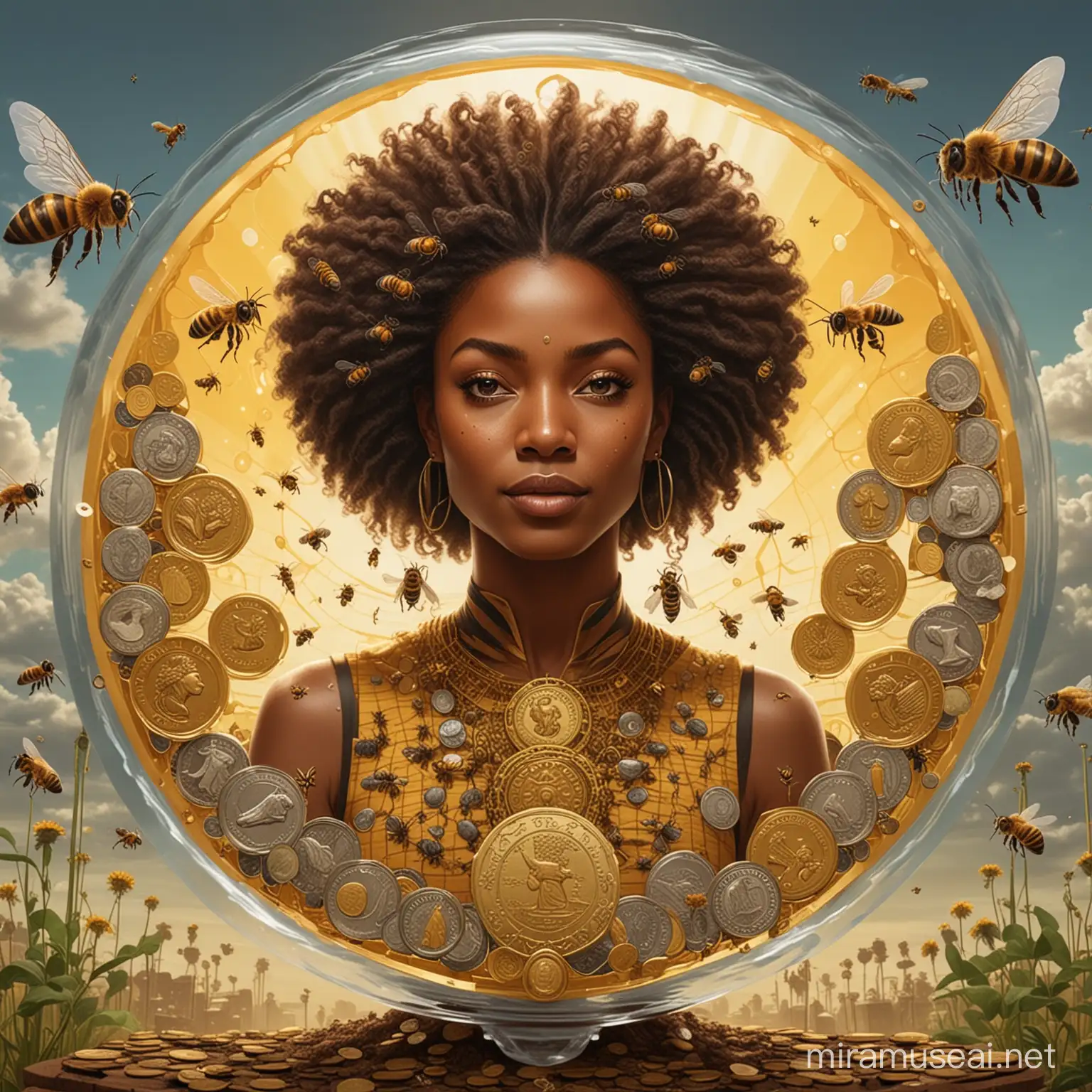 Create a tarot card that has 10 of coins energy and 10 honeybees on coin discs as money falls from the sky and an Afro-Indigenous queen bee in the center with 10 beehives surrounding her. The background is moden industrious 2030 setting 