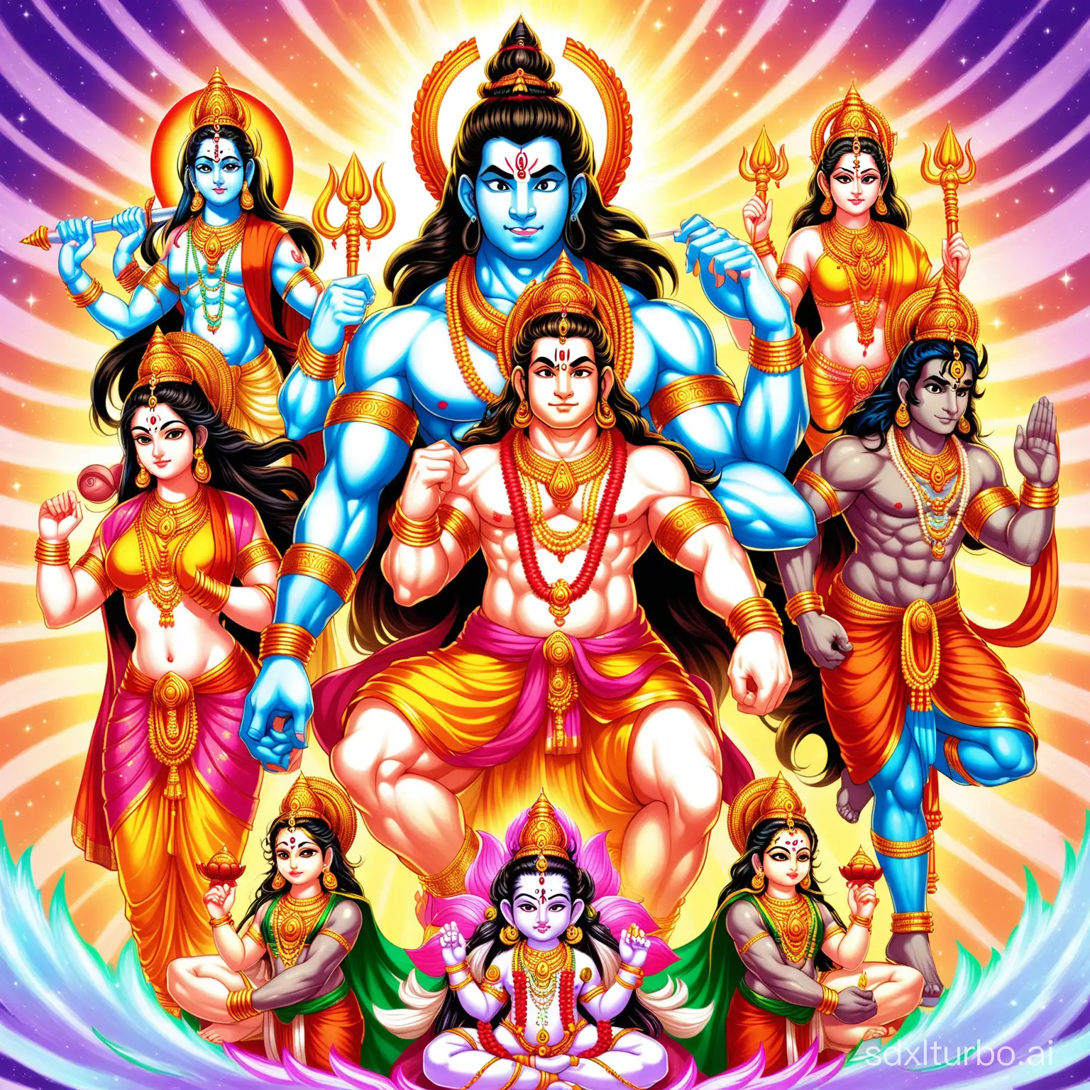 hanuman , lord shiva , ram , ganpati , vishnu , brahmha , parvati , mahakali , this all god in one picture look like a indian super hero 