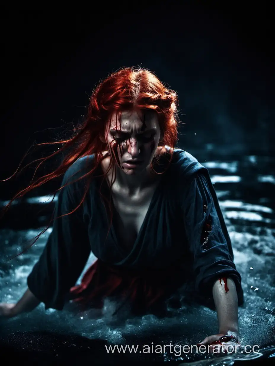 RedHaired-Girl-in-Dark-Mystical-Scene-with-Greek-Clothing-and-Water-Elements