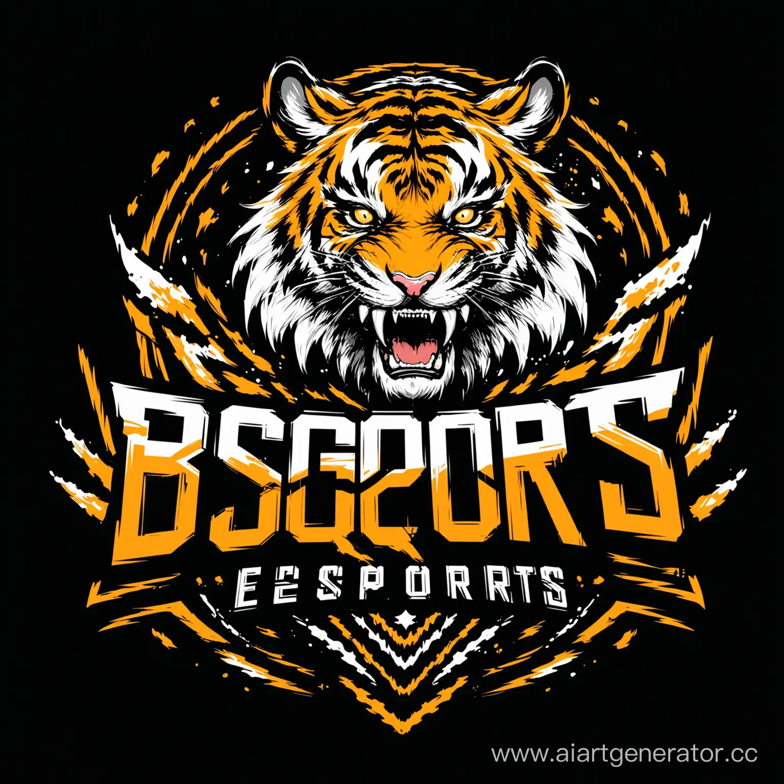 Тигр держит зубами надпись BSQ eSports на чёрном фоне